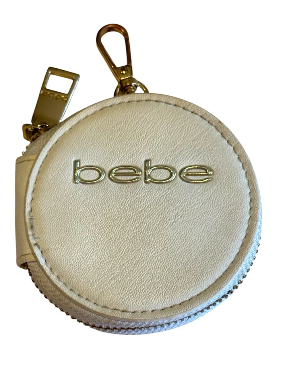 Bebe Round Coin Pouch Ivory Faux Leather Keychain Wallet with Gold Hardware